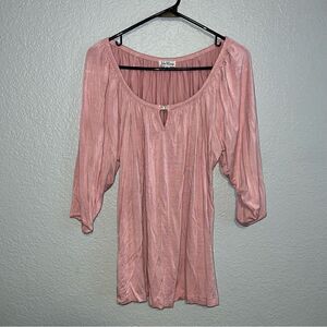 Julie Mango Womens Keyhole Scoop Neck 3/4 Sleeve Pleated Blouse Pink Medium
